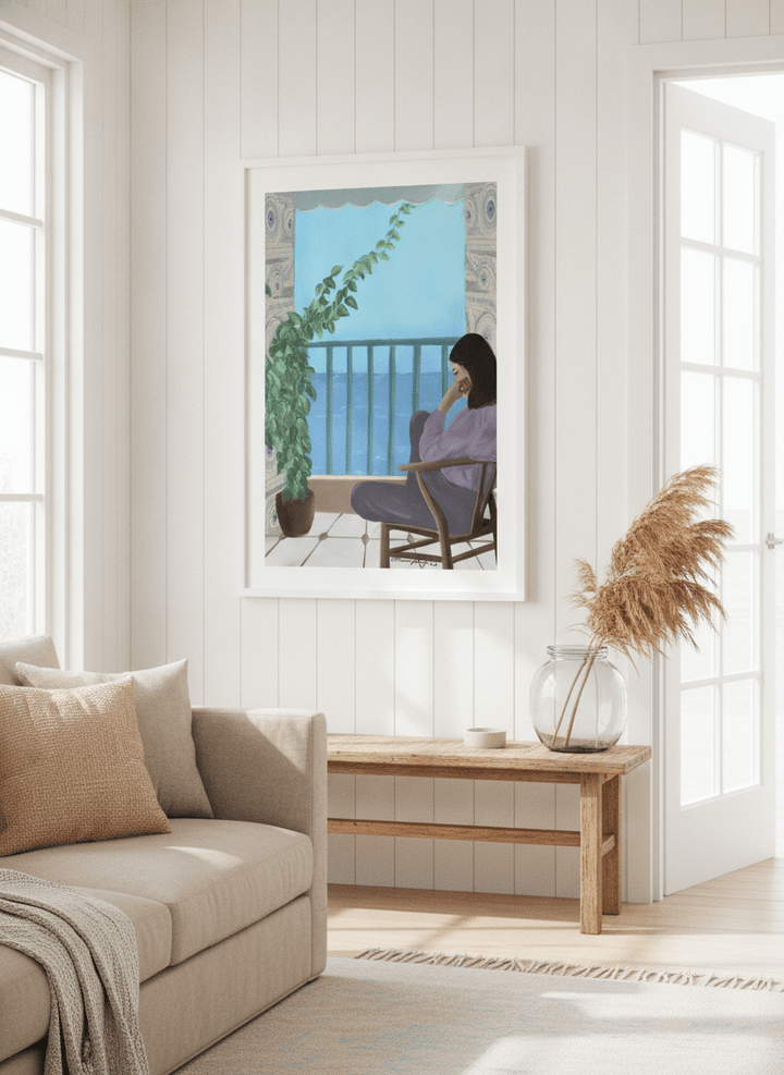 Neutral wall art displayed in a sunny coastal beach house