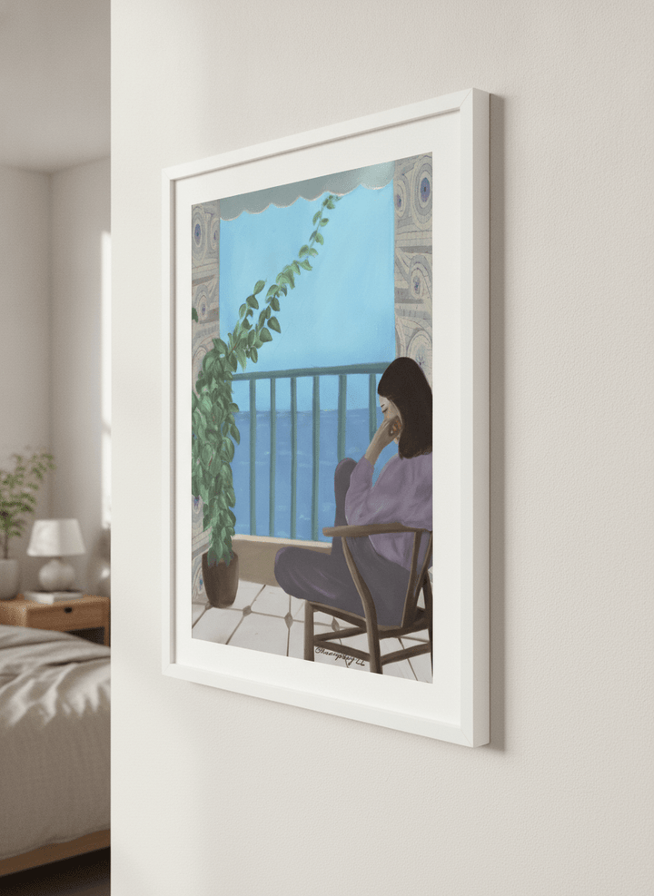 Minimalist artwork displayed in a calm, light-filled bedroom interior