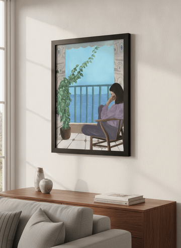 Artwork displayed above a credenza in a real-looking contemporary home