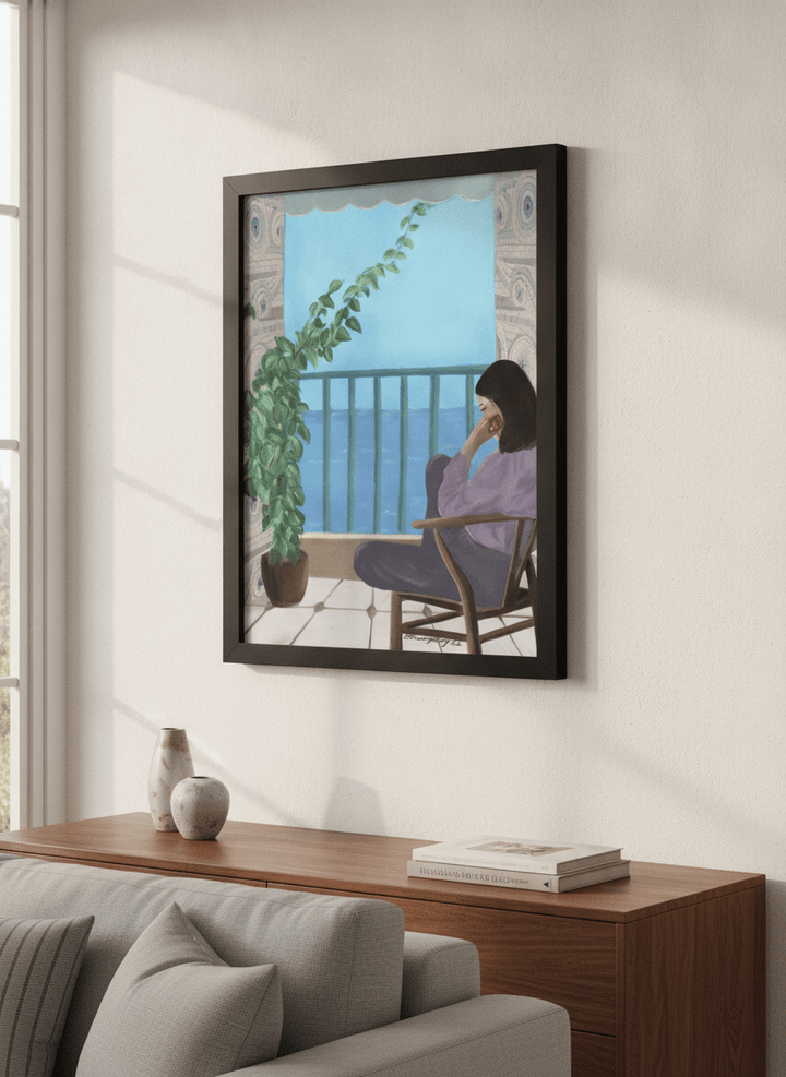 Artwork displayed above a credenza in a real-looking contemporary home