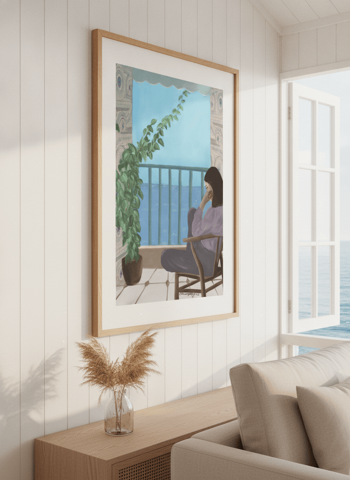Neutral wall art displayed in a sunny coastal beach house