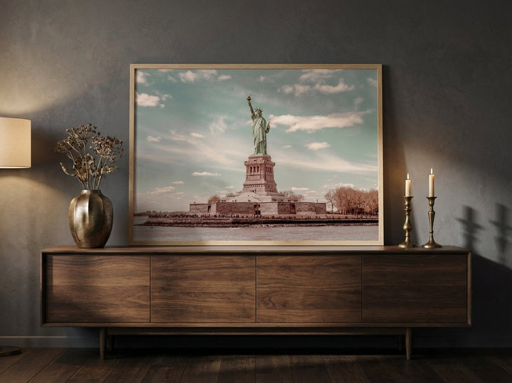 Modern wall art print standing on a sideboard in a moody living room