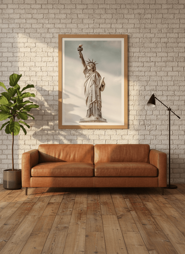 Modern wall art print styled on the wall in an industrial loft living room