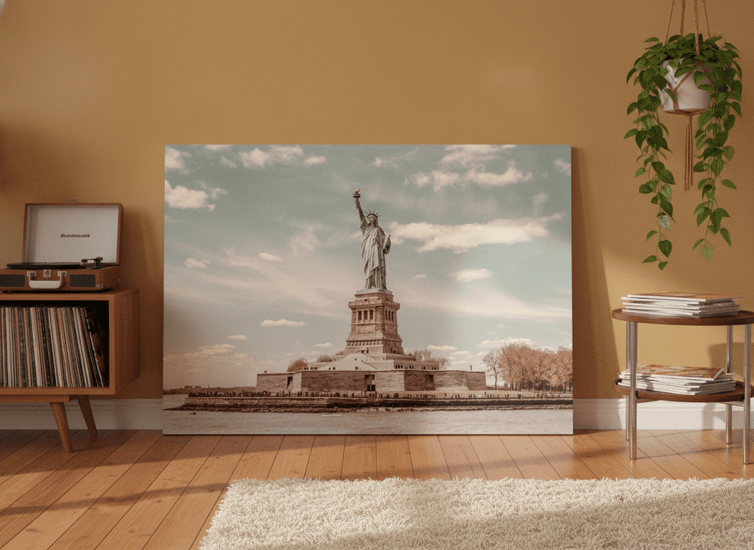 Stretched canvas wall art leaning against the wall in a retro 70s living room