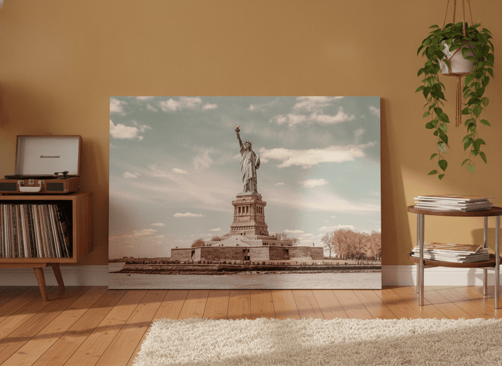 Stretched canvas wall art leaning against the wall in a retro 70s living room