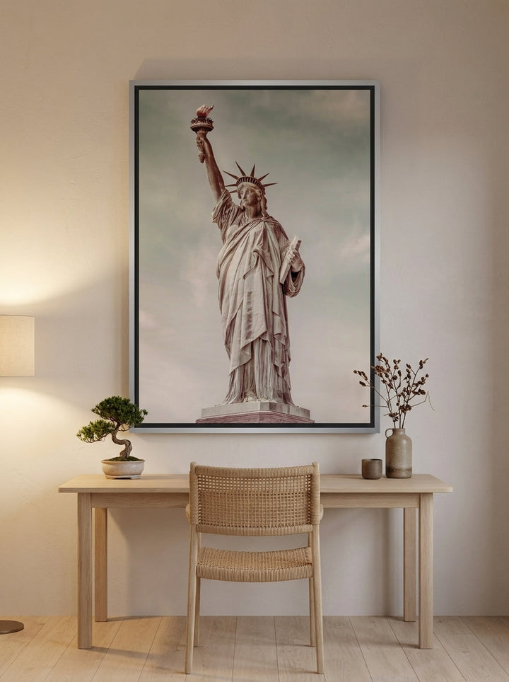Canvas wall art with a silver leaf surround styled on the wall in a warm Japandi home office