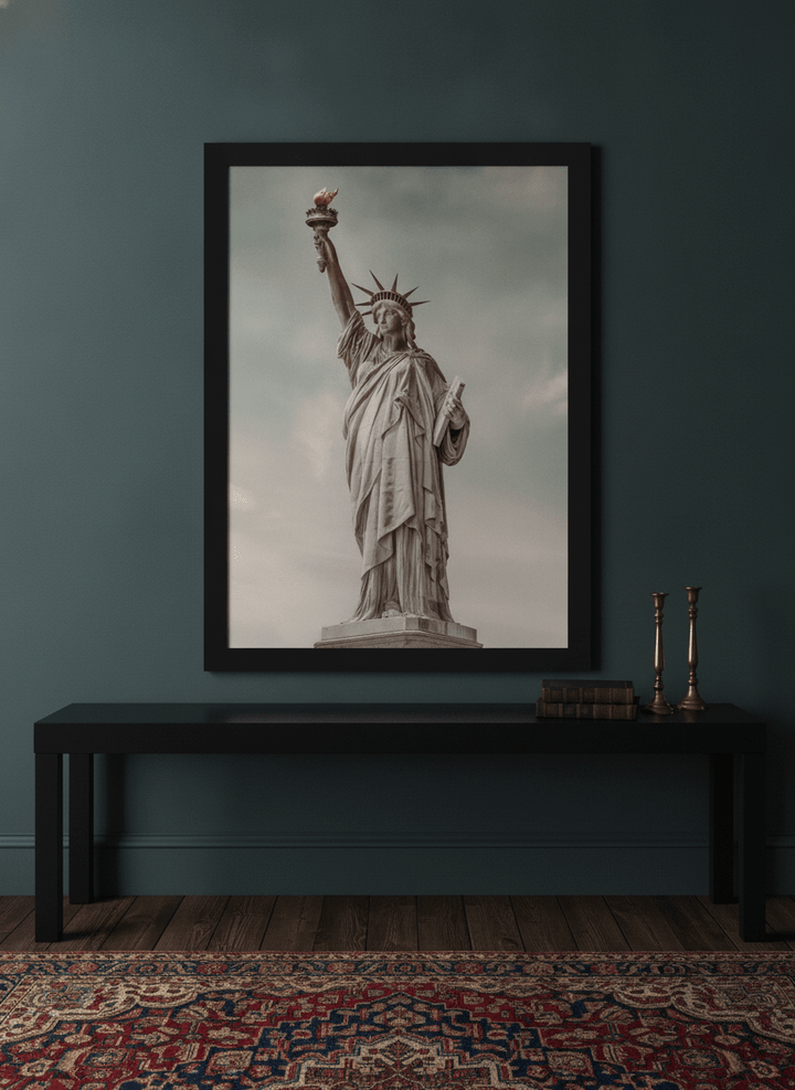 Modern wall art print standing on a console in a moody home office