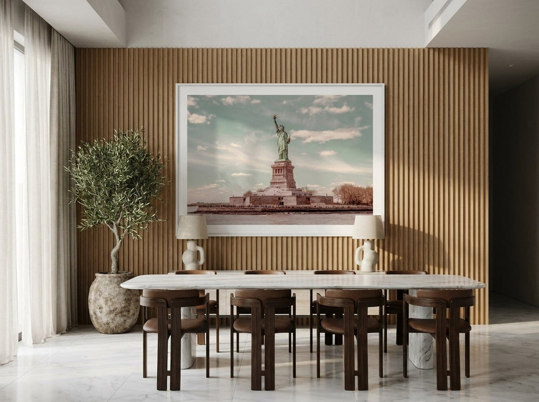 Oversized statement modern wall art print styled on the wall in a luxe dining room