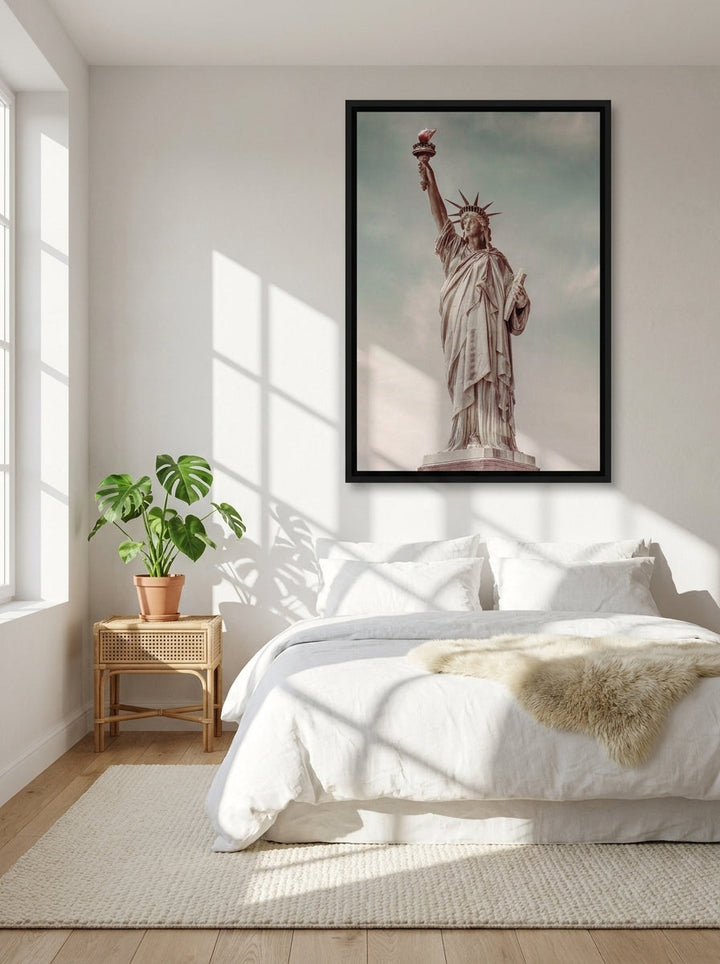Canvas wall art with a black surround styled on the wall in a bright Scandinavian bedroom