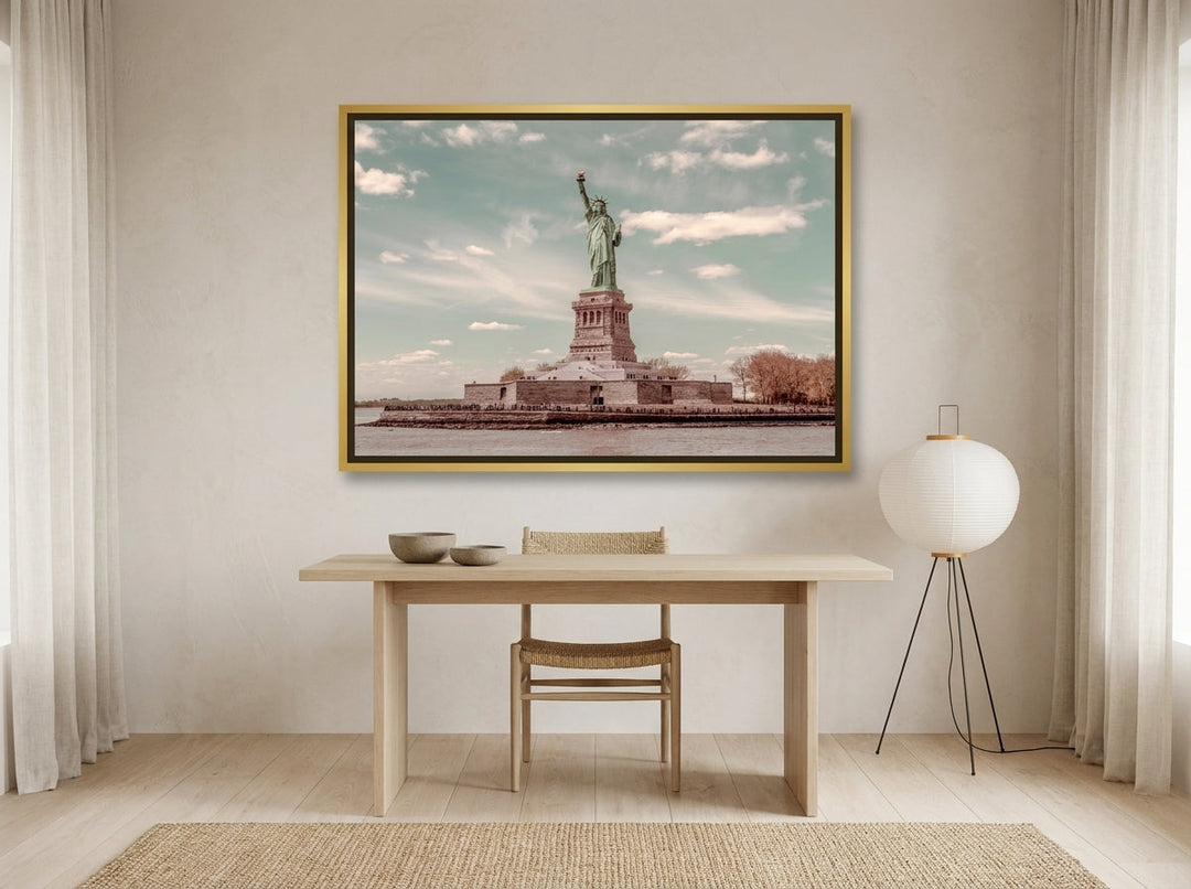 Canvas wall art with a gold leaf surround styled on the wall in a warm Japandi home office