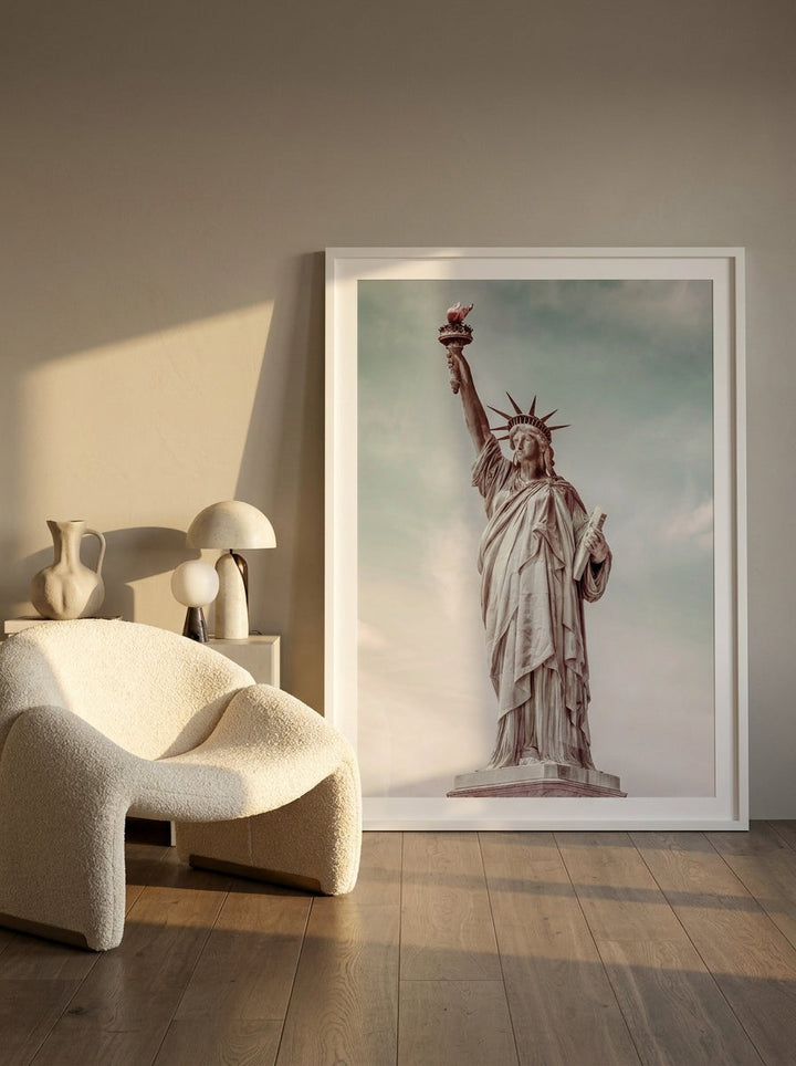 Oversized statement modern wall art print leaning against the wall in a luxe living room