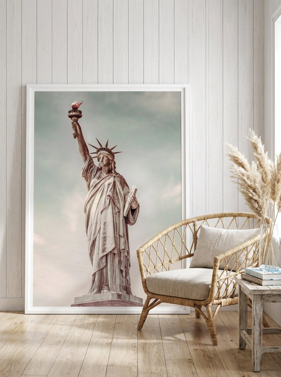 Oversized statement canvas wall art with a white surround leaning against the wall in a coastal dining room
