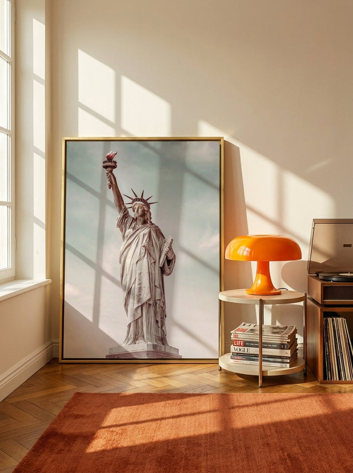 Canvas wall art with a gold leaf surround leaning against the wall in a retro 70s living room