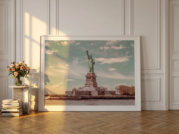 Oversized statement modern wall art print leaning against the wall in a Parisian dining room