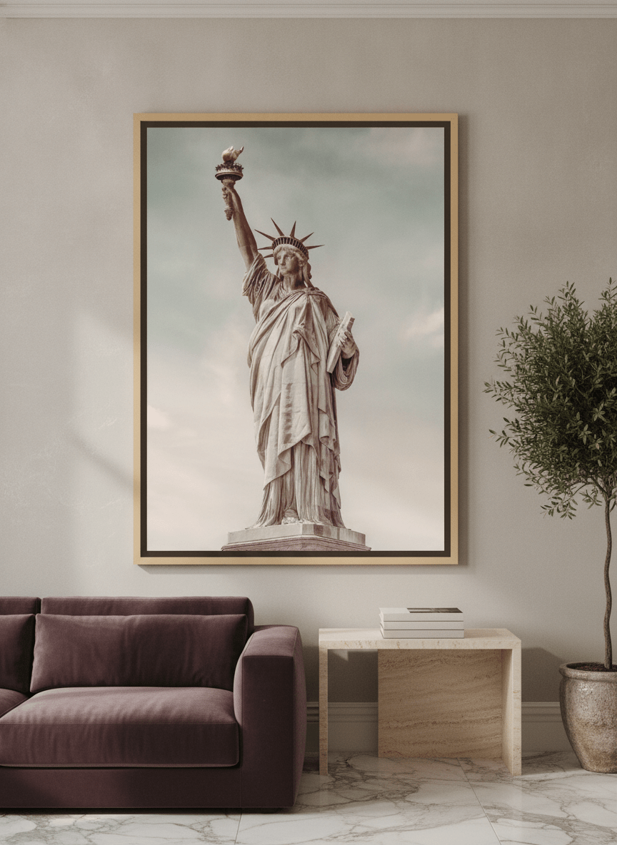 Oversized statement canvas wall art with a natural timber surround styled on the wall in a luxe living room