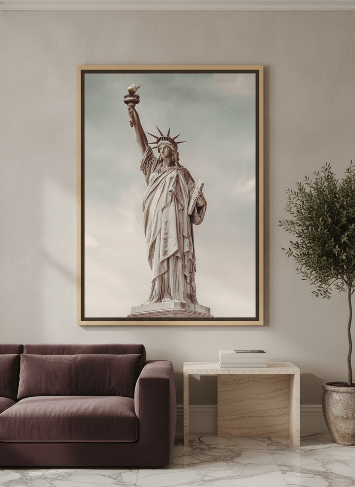 Oversized statement canvas wall art with a natural timber surround styled on the wall in a luxe living room