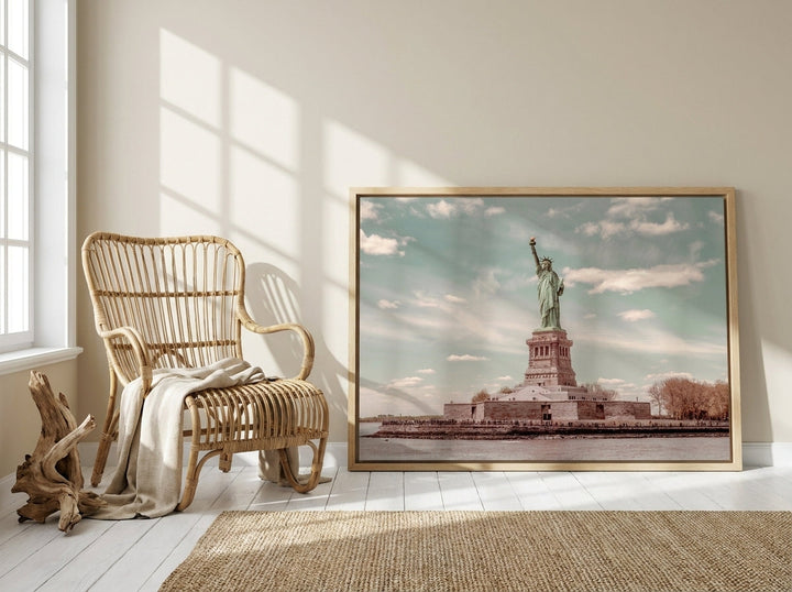 Canvas wall art with a natural timber surround leaning against the wall in a coastal home office