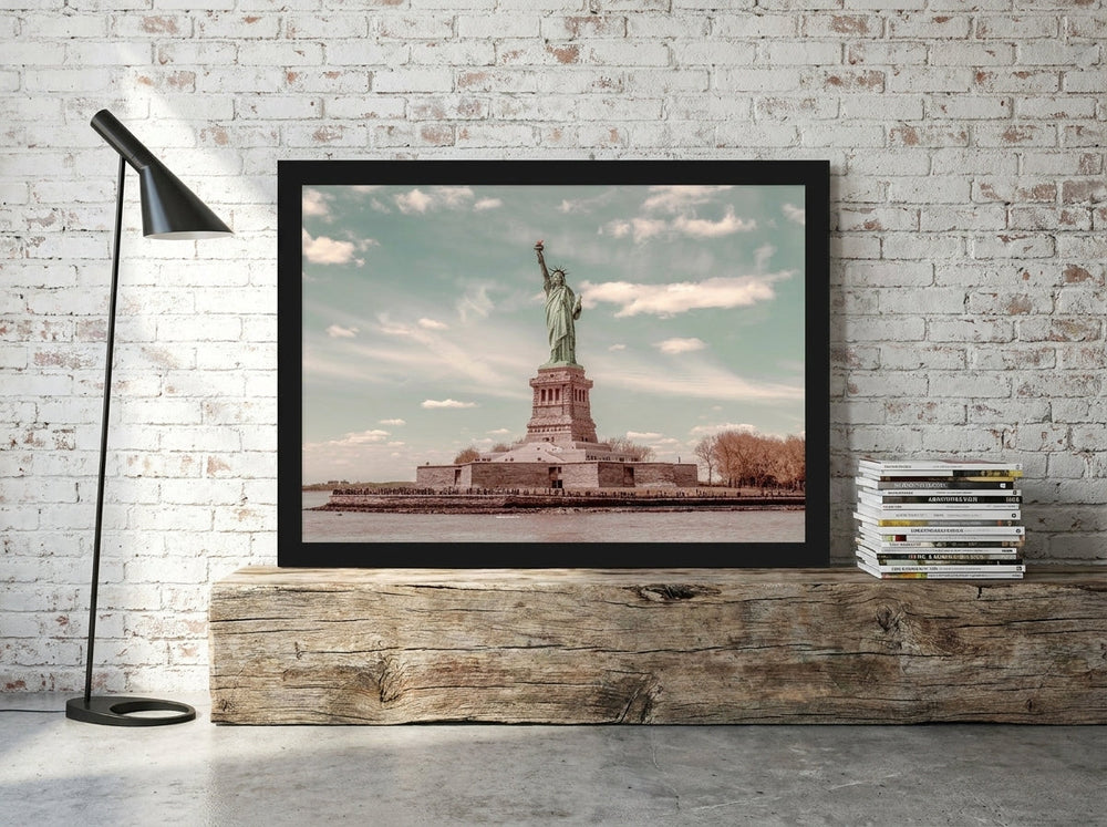 Modern wall art print standing on a bench in an industrial loft home office