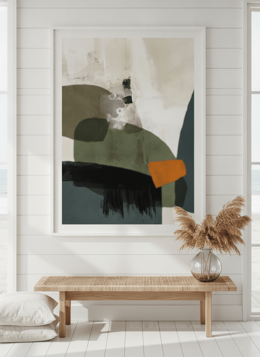Neutral wall art displayed in a sunny coastal beach house
