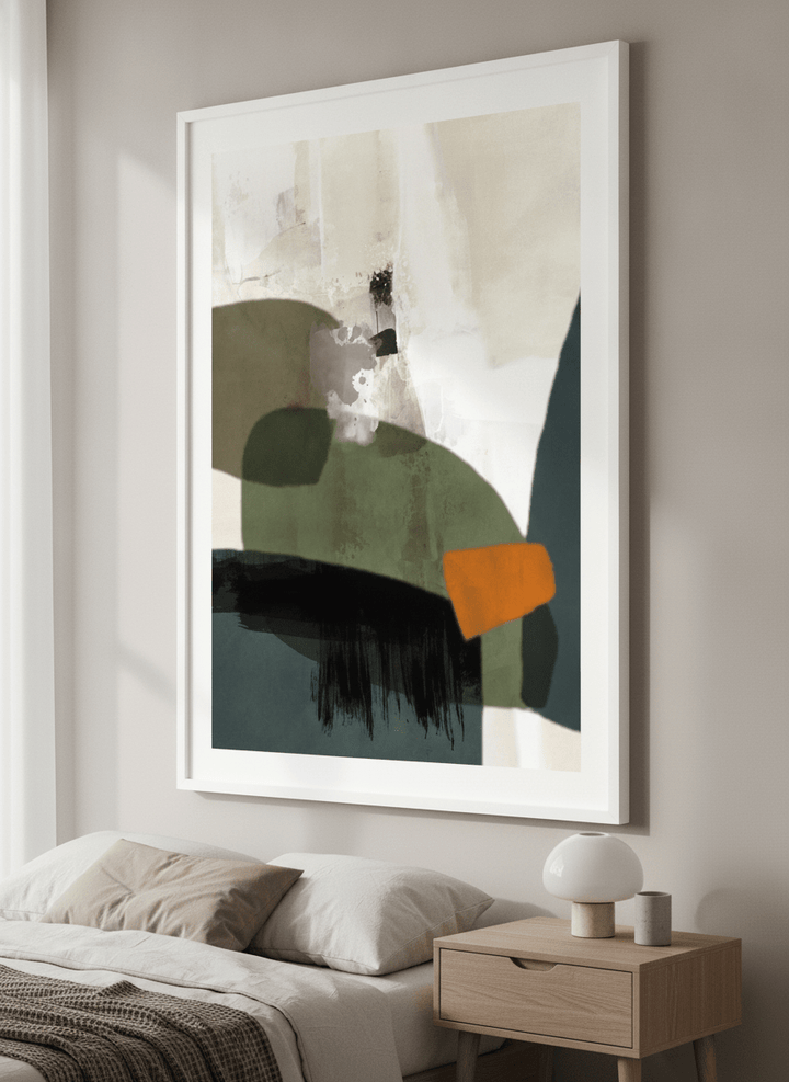 Minimalist artwork displayed in a calm, light-filled bedroom interior