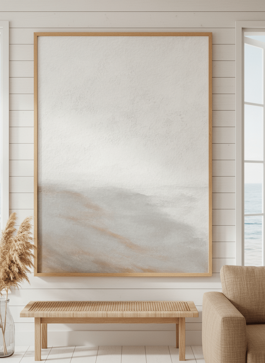 Neutral wall art displayed in a sunny coastal beach house