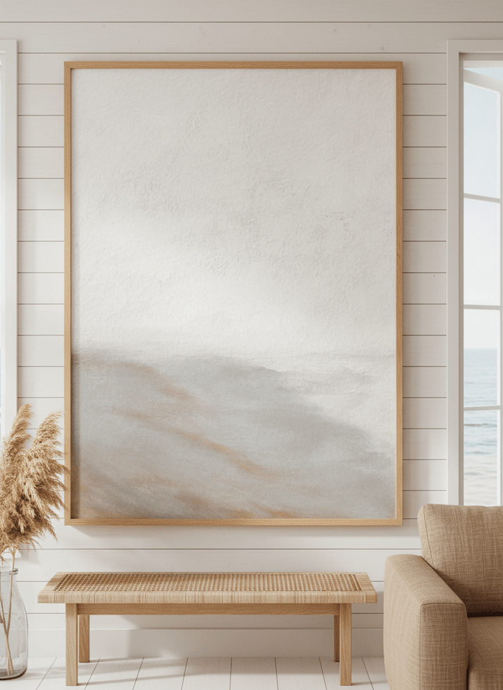 Neutral wall art displayed in a sunny coastal beach house