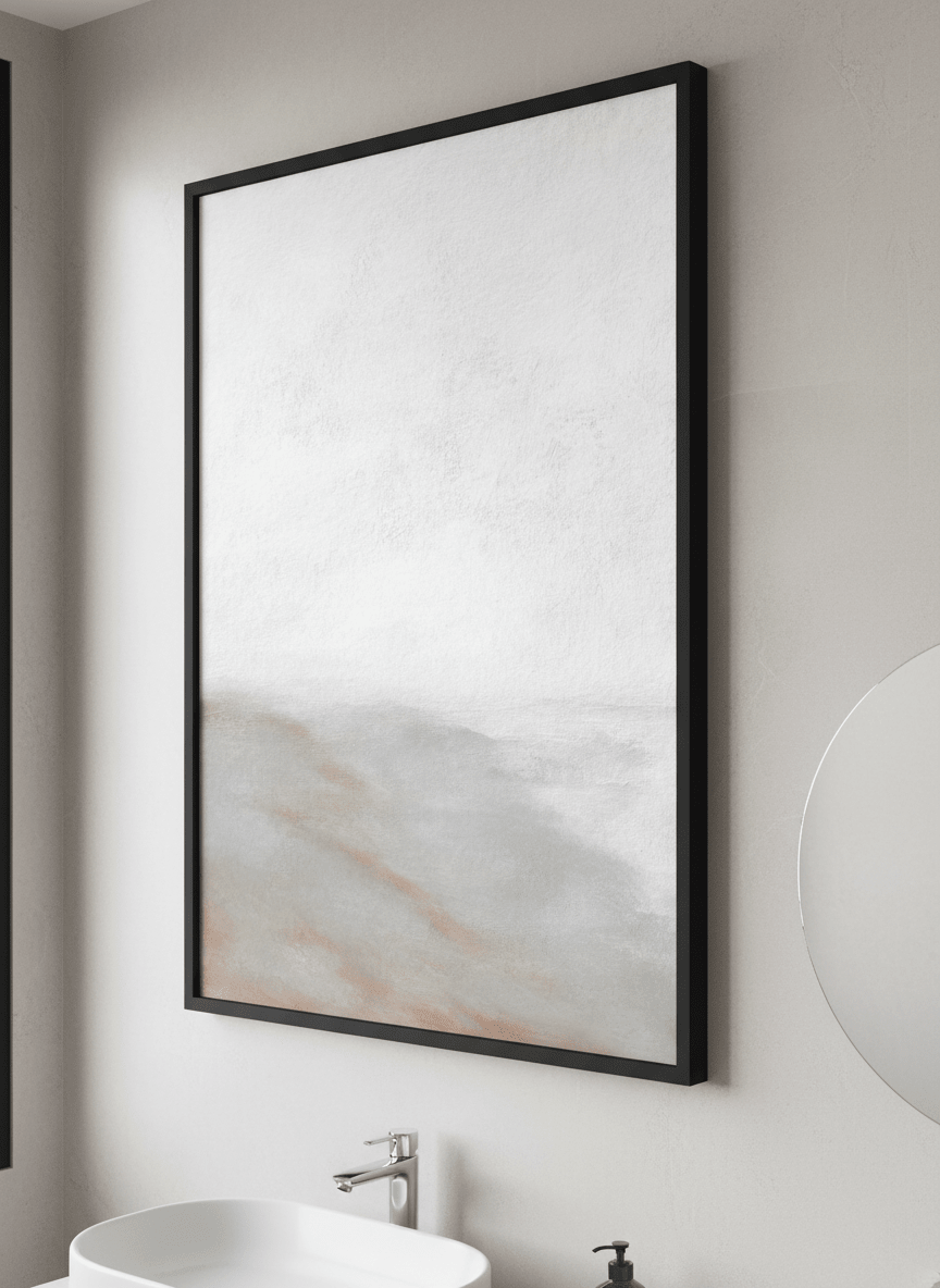 Modern print displayed in a clean minimalist bathroom setting
