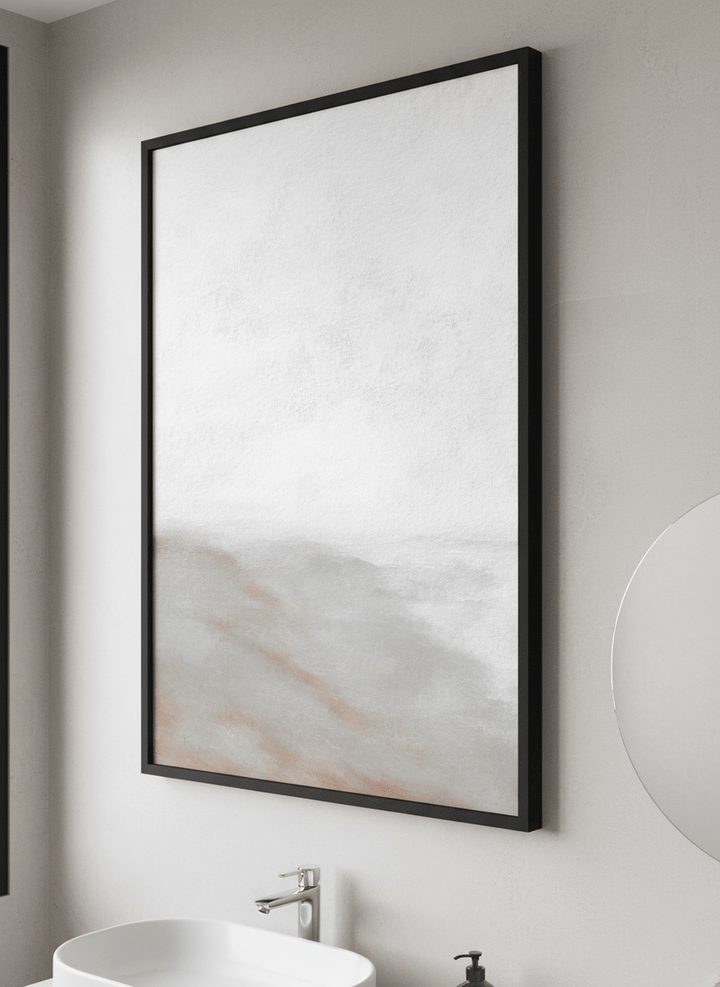 Modern print displayed in a clean minimalist bathroom setting