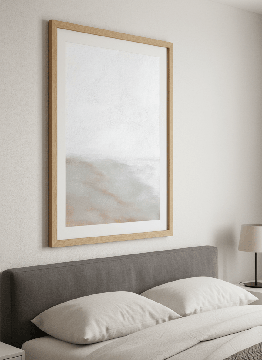 Minimalist artwork displayed in a calm, light-filled bedroom interior