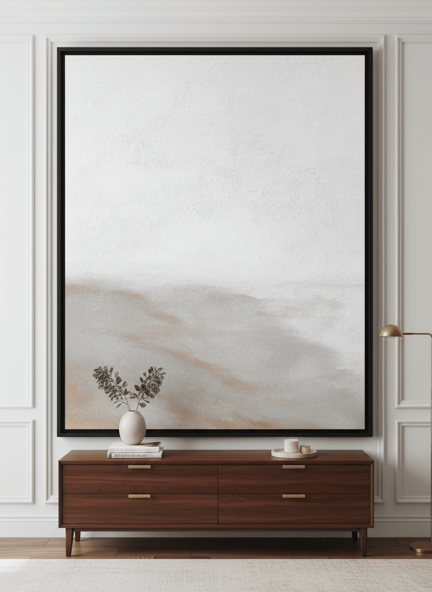 Monumental artwork centred on a feature wall in a luxe interior