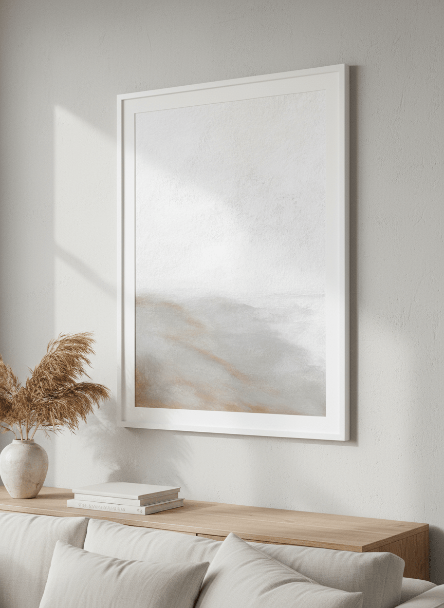 Modern wall art styled above a sofa in a neutral living room