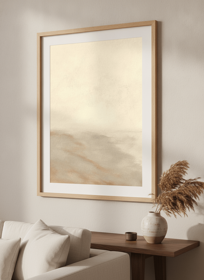 Modern wall art styled above a sofa in a neutral living room