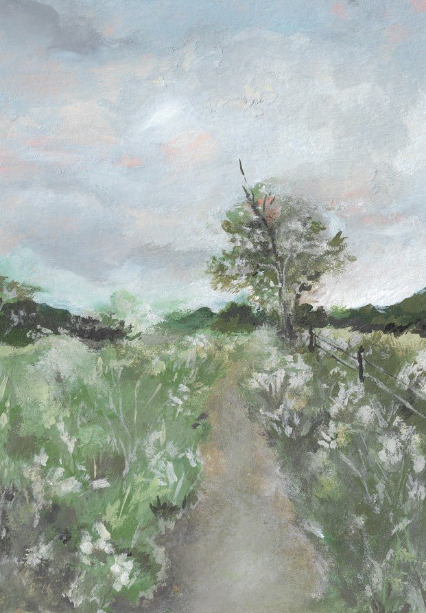Painting of a rural landscape with a path, trees, and sky. framed