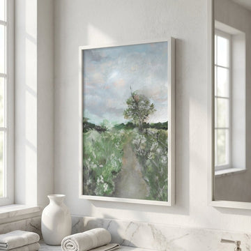 artwork of a landscape with a path and trees in a modern interior setting.