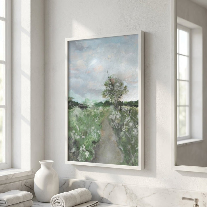 artwork of a landscape with a path and trees in a modern interior setting.