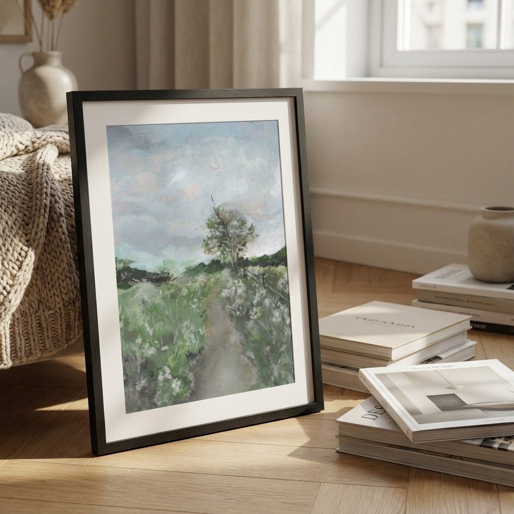 painting on a wooden floor with books and decor items.