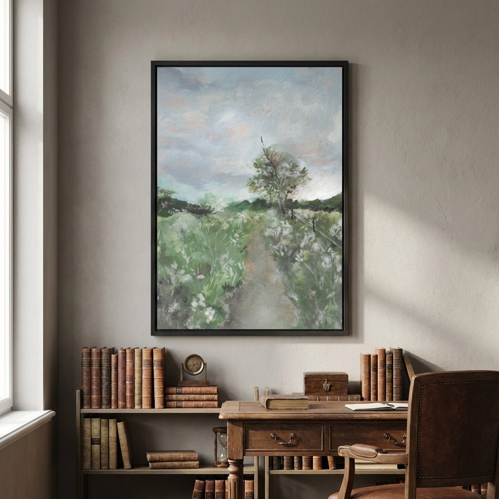 landscape painting above a wooden desk with books in a room.