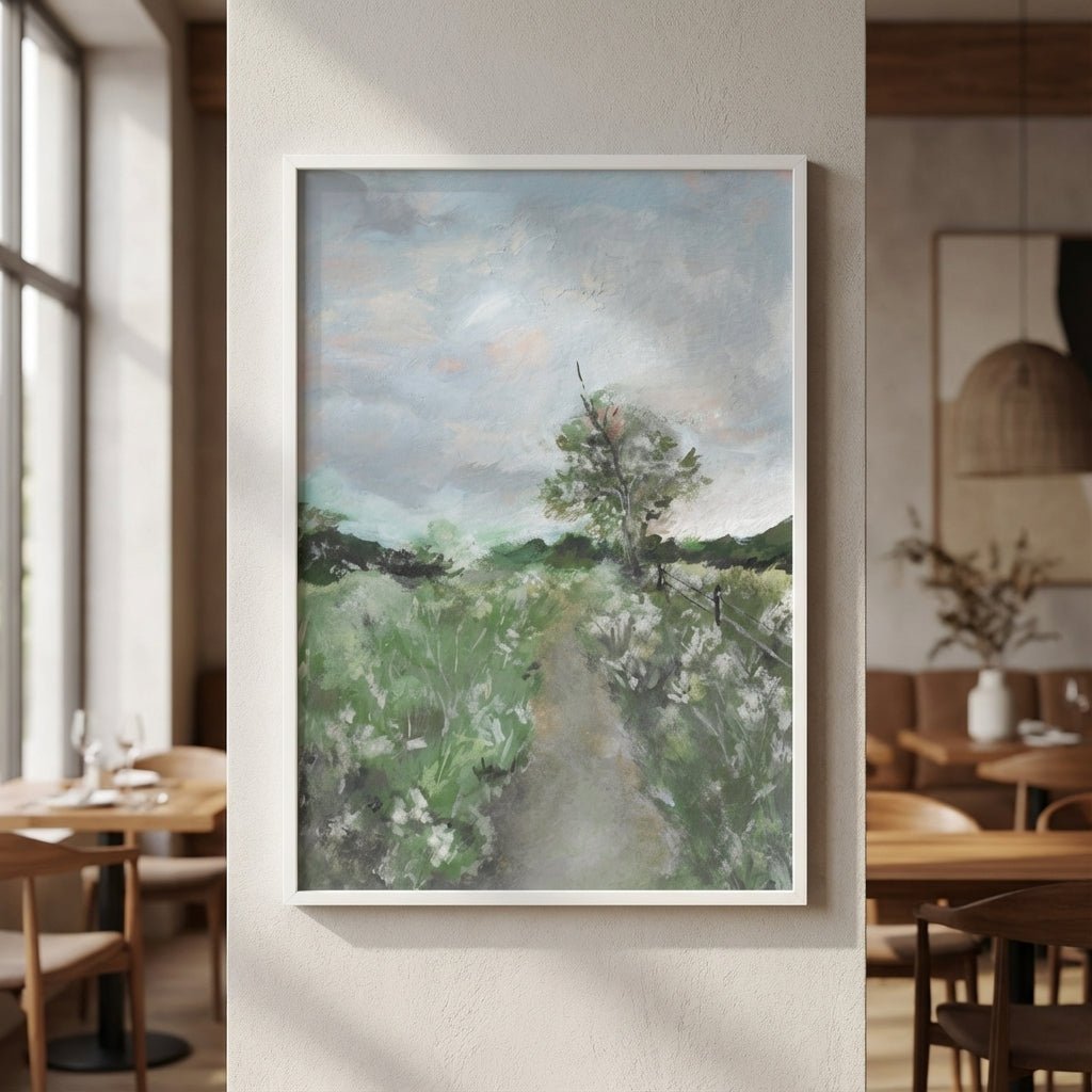 painting of a landscape with trees and sky in a room with tables and chairs.