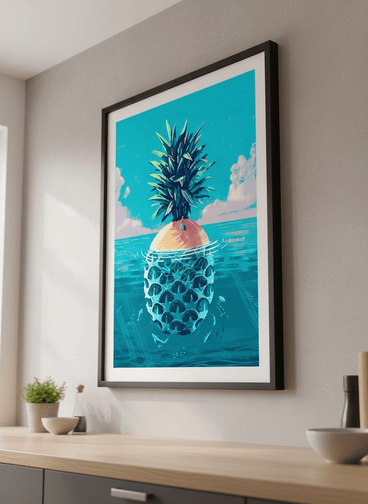 Artwork styled on the wall of a bright modern kitchen