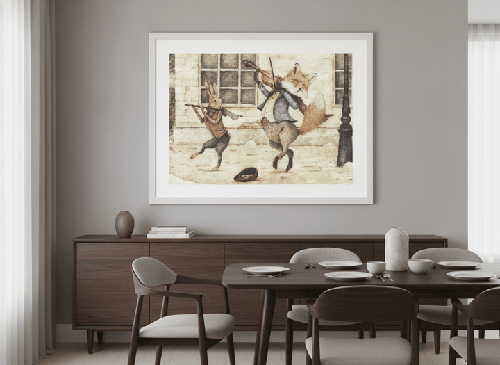 Wall art styled above a dining table in a contemporary home