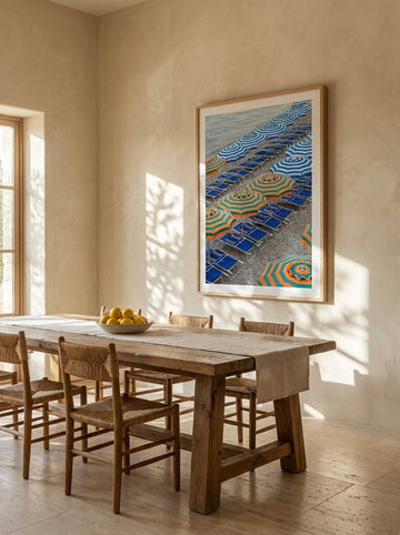 Oversized statement modern wall art print styled on the wall in a Mediterranean dining room