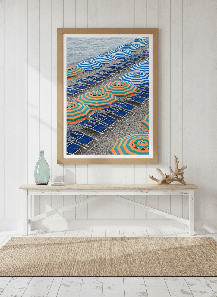 Modern wall art print styled on the wall in a coastal living room