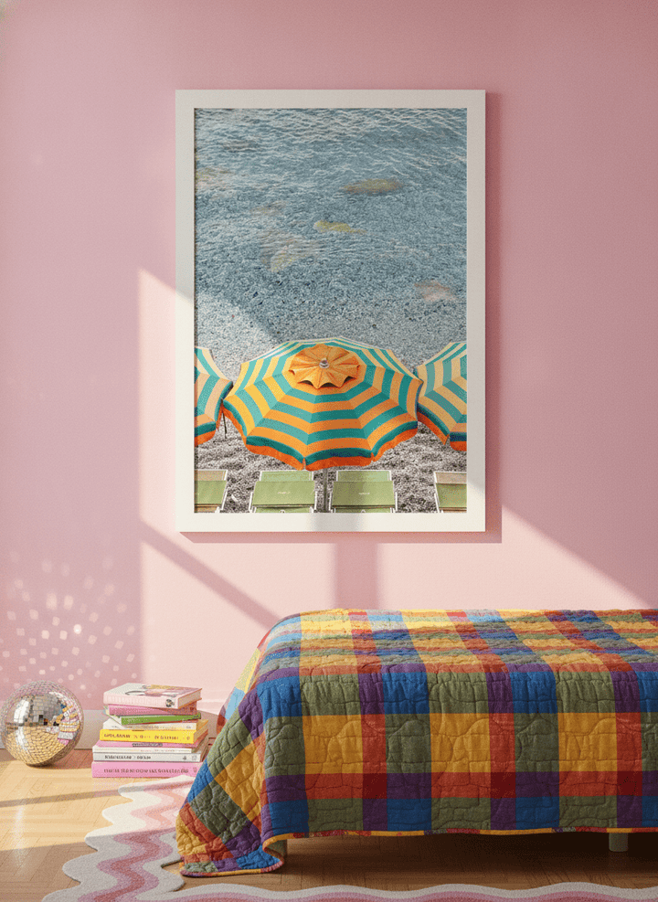 Modern wall art print styled on the wall in a colourful eclectic bedroom