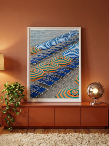 Modern wall art print standing on a sideboard in a retro 70s home office