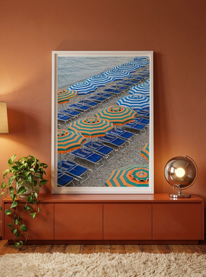 Modern wall art print standing on a sideboard in a retro 70s home office