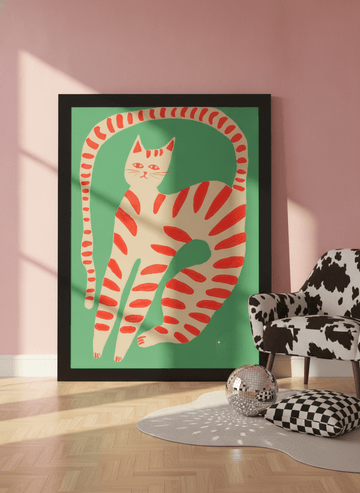 Oversized statement modern wall art print leaning against the wall in a colourful eclectic living room
