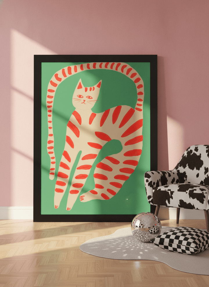 Oversized statement modern wall art print leaning against the wall in a colourful eclectic living room