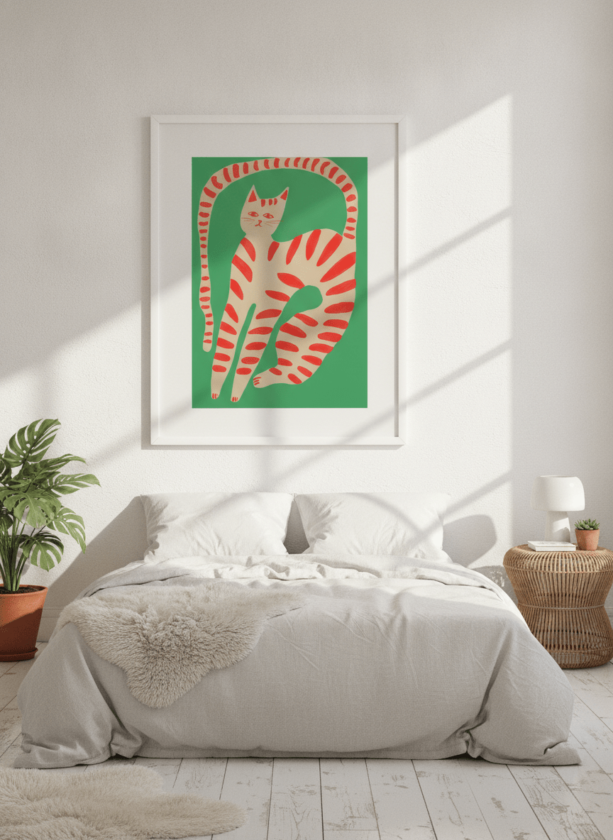 Modern wall art print styled on the wall in a bright Scandinavian bedroom