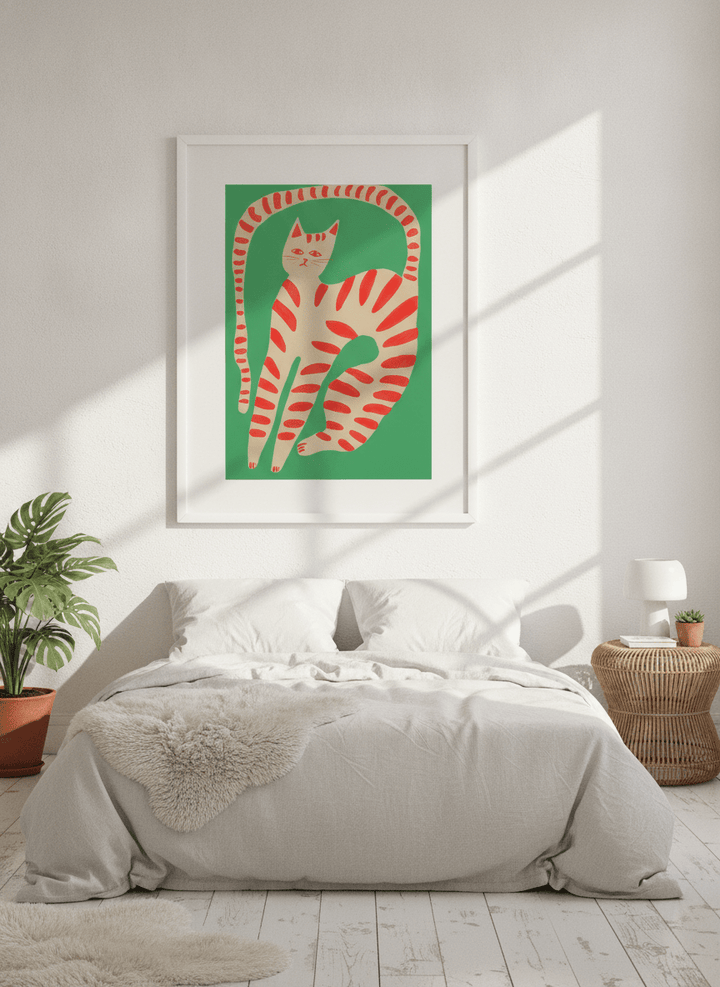 Modern wall art print styled on the wall in a bright Scandinavian bedroom