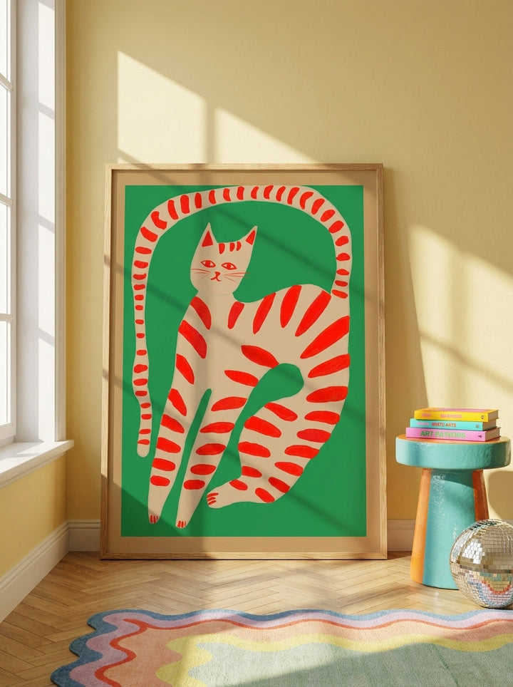 Oversized statement modern wall art print leaning against the wall in a colourful eclectic dining room